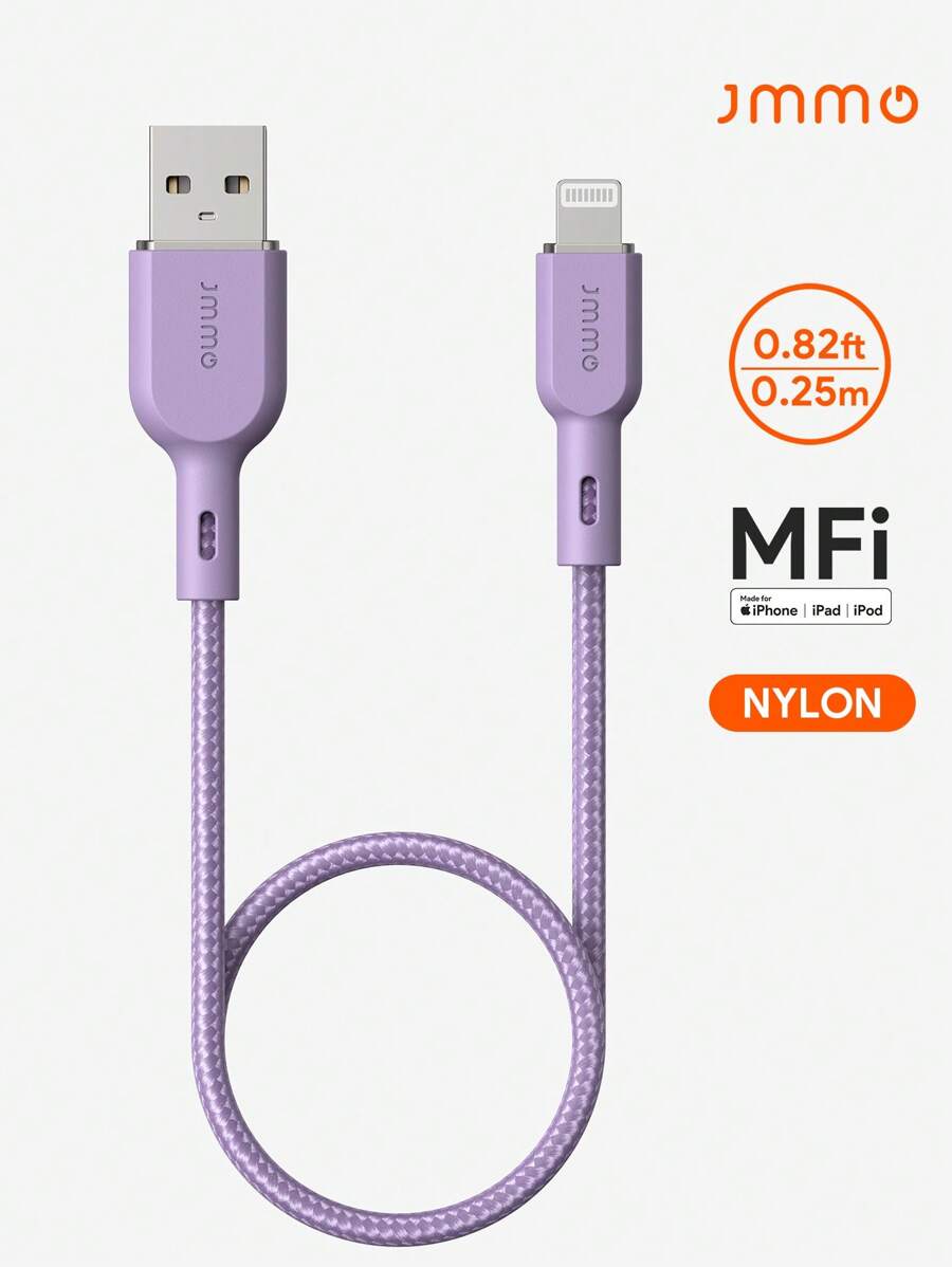JMMO 1條尼龍編織 USB-A 轉 Lightning 傳輸線，兼容 480Mbps 數據傳輸，0.82FT/0.25M [MFi 認證] - 紫色 - 查看 1