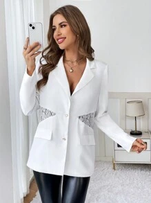 SHEIN Essnce Contrast Lace Single Breasted Blazer - White - View 5