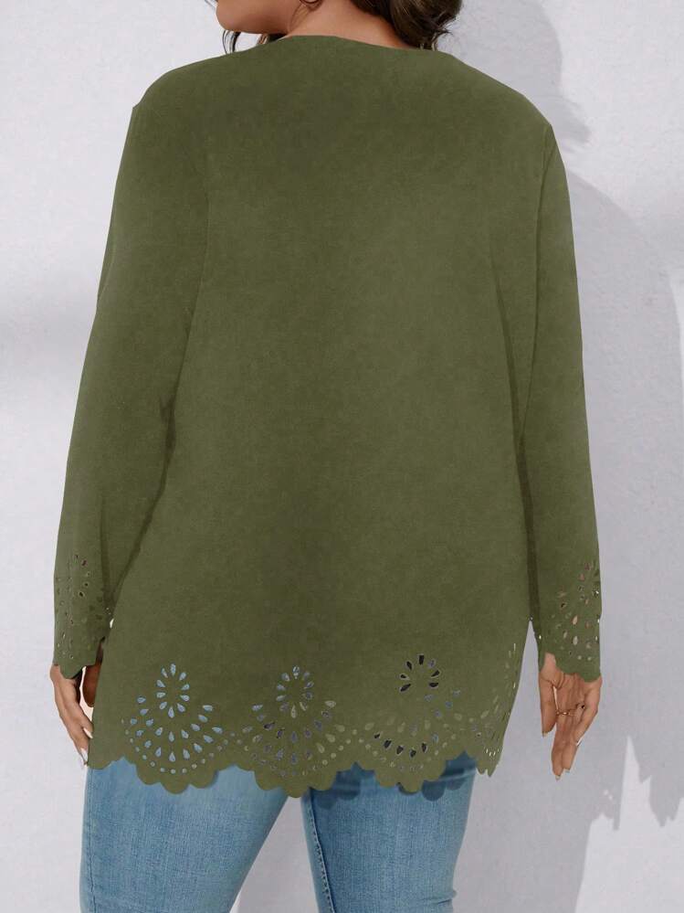 SHEIN LUNE מידות גדולות חיתוך לייזר פתח קדמי מעיל - צבאי ירוק - ראה 2