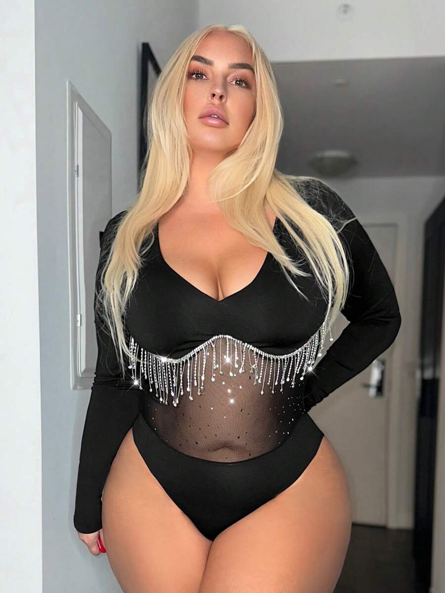 SHEIN SXY Plus Rhinestone Fringe Trim Mesh Insert Sexy Outfit Bodysuit, For Winter - Black - View 1