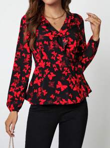 SHEIN Clasi 通體印花荷葉邊燈籠袖打結側裹式襯衫 - 彩色 - 查看 1