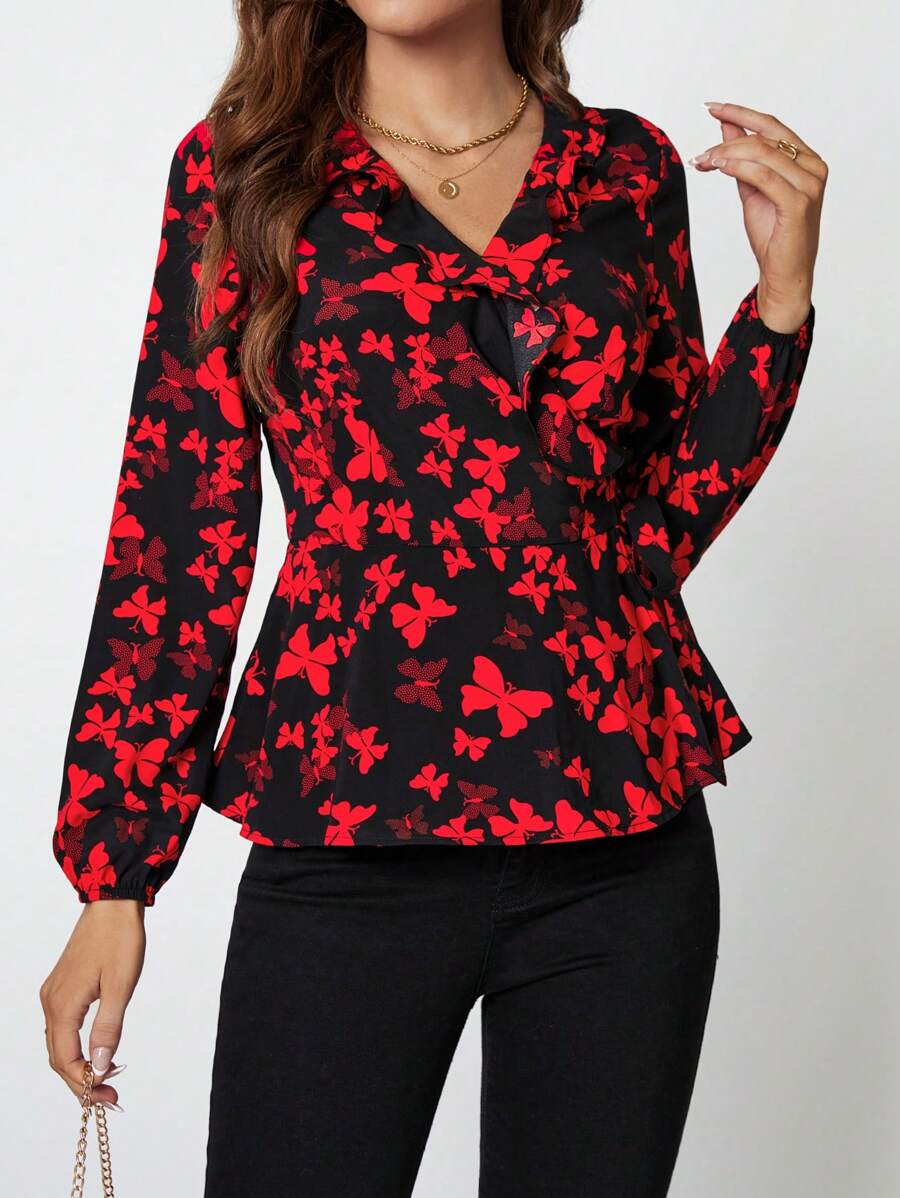 SHEIN Clasi 通體印花荷葉邊燈籠袖打結側裹式襯衫 - 彩色 - 查看 1