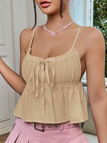 SHEIN Qutie Tie Trước Xù Hoa Sen Cami ngọn - Màu be - Xem 3