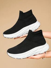Fashionable Socks Shoes, Solid Color, Soft Sole, Unisex (for Casual Sports Wear) - Black and White - View 3