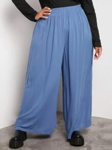 SHEIN CURVE+ 大碼素色闊腿褲 - 霧霾藍 - 查看 3