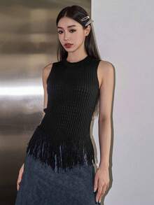 DAZY Top de punto bajo con fleco - Negro - Ver 5