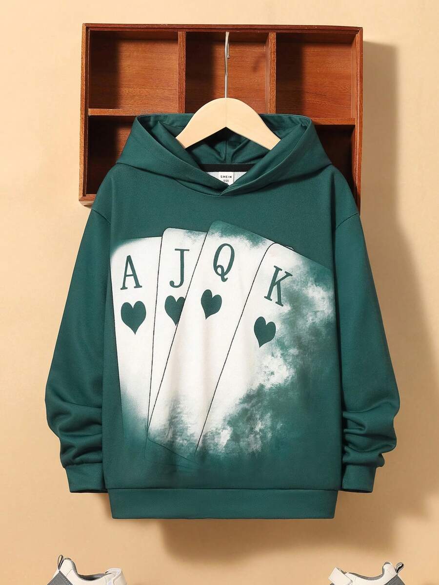 SHEIN Áo nỉ tay trễ vai in hình quân bài dành cho bé trai tuổi teen - màu xanh lá - Xem 1
