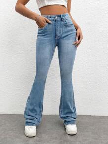 SHEIN EZwear Embroidery Detail Flare Leg Jeans - Medium Wash - View 2