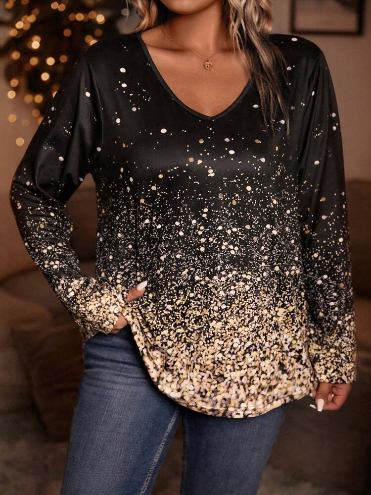 Plus Dalmatian Print V Neck Tee Fall Cloth For Women