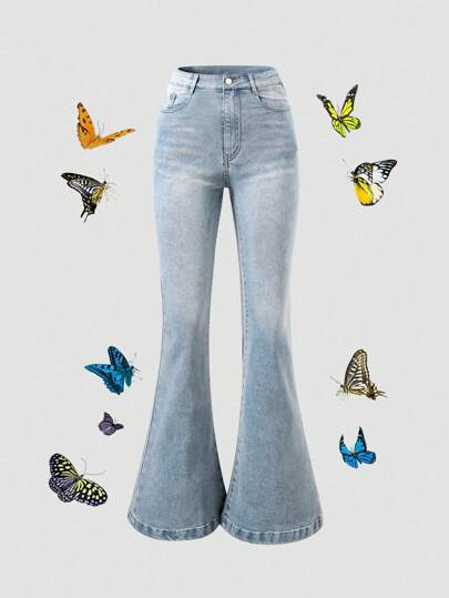 SHEIN Teen Girls Blue Y2K Retro Streetwear Flared Jeans,Distressed Cat Whisker Adjustable Elastic Waist Five Pocket Pants,Winter Holiday Back-To-School