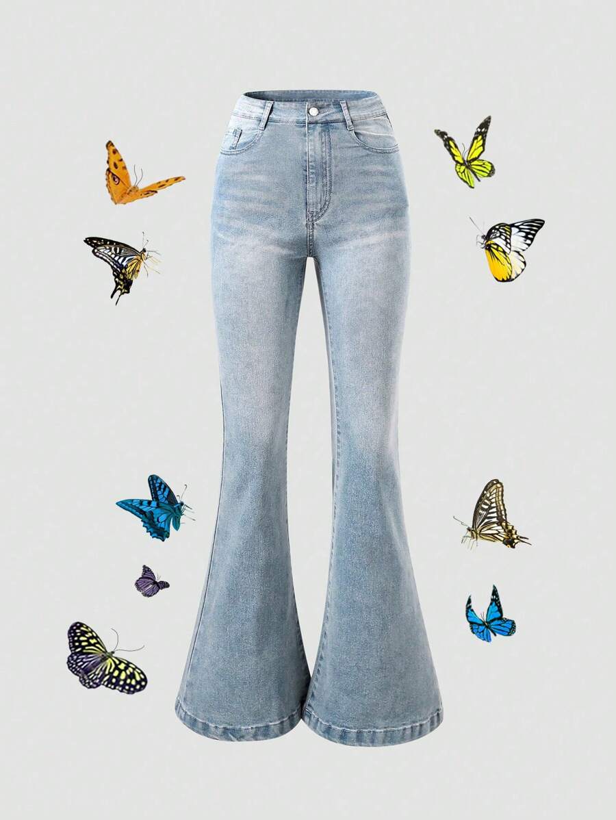 SHEIN Sparklyn 少女 Y2K 复古时尚街头风格休闲简约学院风破洞猫须可调节松紧腰身五口袋喇叭牛仔裤，四季百搭时尚必备品