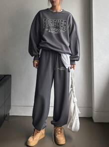 DAZY Letter Graphic Drop Shoulder Sweatshirt & Sweatpants - Grey - View 3