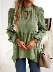 SHEIN LUNE Đường viền lỗ khóa Tay áo lồng đèn Xù Hoa Sen áo choàng Áo - màu xanh lá - Xem 4