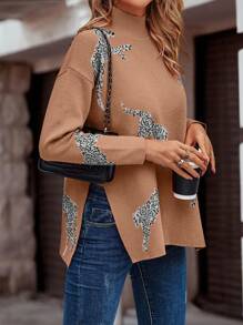 SHEIN LUNE 豹纹图案落肩开衩下摆针织套头衫秋冬毛衣 - 橘色 - 查看 3