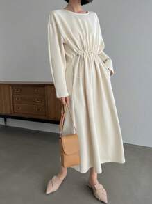 FRIFUL Vestido de línea A con hombros caídos y cordón en la cintura, vestido de otoño - Beis - Ver 3