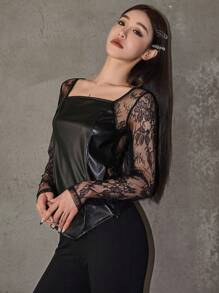 DAZY Contrast Lace Square Neck PU Leather Top Sheer Long Sleeve Women Tops - Black - View 4