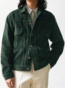 Manfinity Homme Men Flap Pocket Corduroy Jacket - Dark Green - View 8