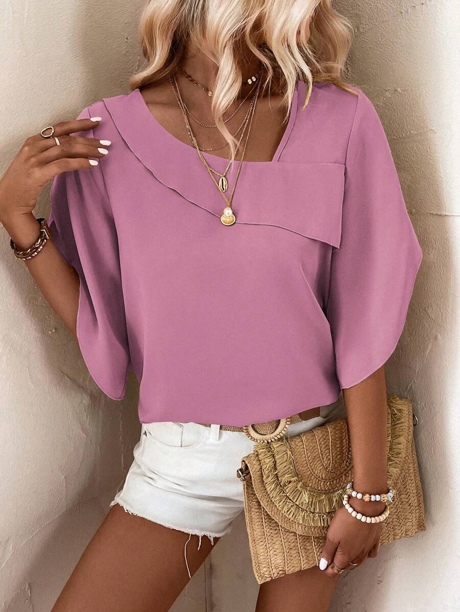SHEIN LUNE Solid Asymmetrical Neck Petal Sleeve Blouse - Dusty Pink - View 1