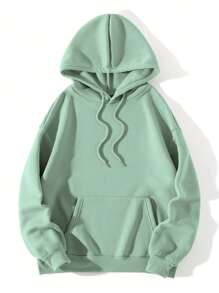 SHEIN EZwear 素色袋鼠口袋抽繩加絨內裏連帽衫 - 薄荷綠 - 查看 1