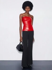 Maija Solid PU Leather Tube Top - Red - View 5