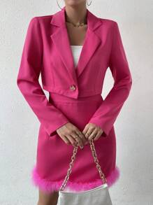 SHEIN Privé 西裝領單釦西裝外套&毛茸邊半身裙 - 玫紅色 - 查看 5