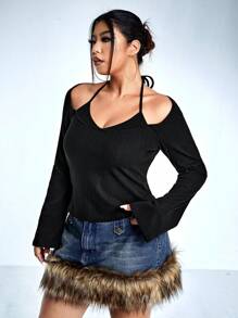 SHEIN ICON Plus Tie Back Halter Neck Tee - Black - View 6