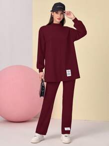 Mulvari Burgundy Red Mock Neck Drop Shoulder Patch Detail Top & Pants Set 2 Piece Set - Burgundy - View 6