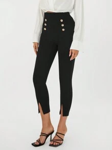 SHEIN Privé Leggings con dobladillo dividido y detalle de botones - Negro - Ver 6