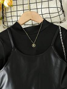 SHEIN 女大童優雅黑色高領底座襯衫和PU皮革帶洋裝套裝 - 黑色 - 查看 5
