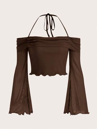 SHEIN ICON Top unicolor de cuello halter ribete en forma de lechuga manga de campana de malla