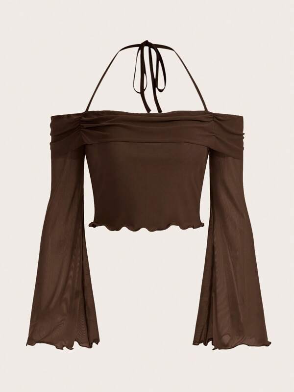 SHEIN ICON Top unicolor de cuello halter ribete en forma de lechuga manga de campana de malla