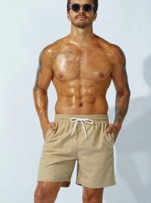 Surfspeed 男士腰部抽繩斜口袋素色泳褲 - 卡其色 - 查看 5