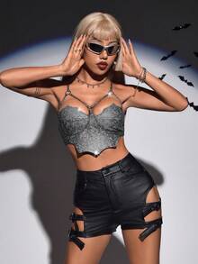 SHEIN ICON 萬聖節露背交叉吊帶短上衣 - 銀色 - 查看 11