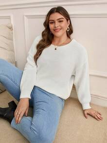 SHEIN Frenchy Hơn Ren tương phản Thả vai Áo len - trắng - Xem 3