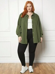 SHEIN CURVE+ Plus Solid Button Detail Shirt - Black and White - View 6