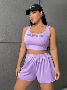 SHEIN EZwear 大碼字母圖案拉鏈開襟連帽夾克&背心上衣&短褲 - 紫色 - 查看 5