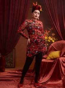 Frida Kahlo X SHEIN 大碼印花抽繩前收褶緊身洋裝 - 彩色 - 查看 4