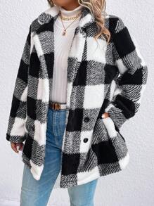 SHEIN LUNE Plus Buffalo Plaid Pattern Double Breasted Teddy Coat, For Winter - Black - View 4