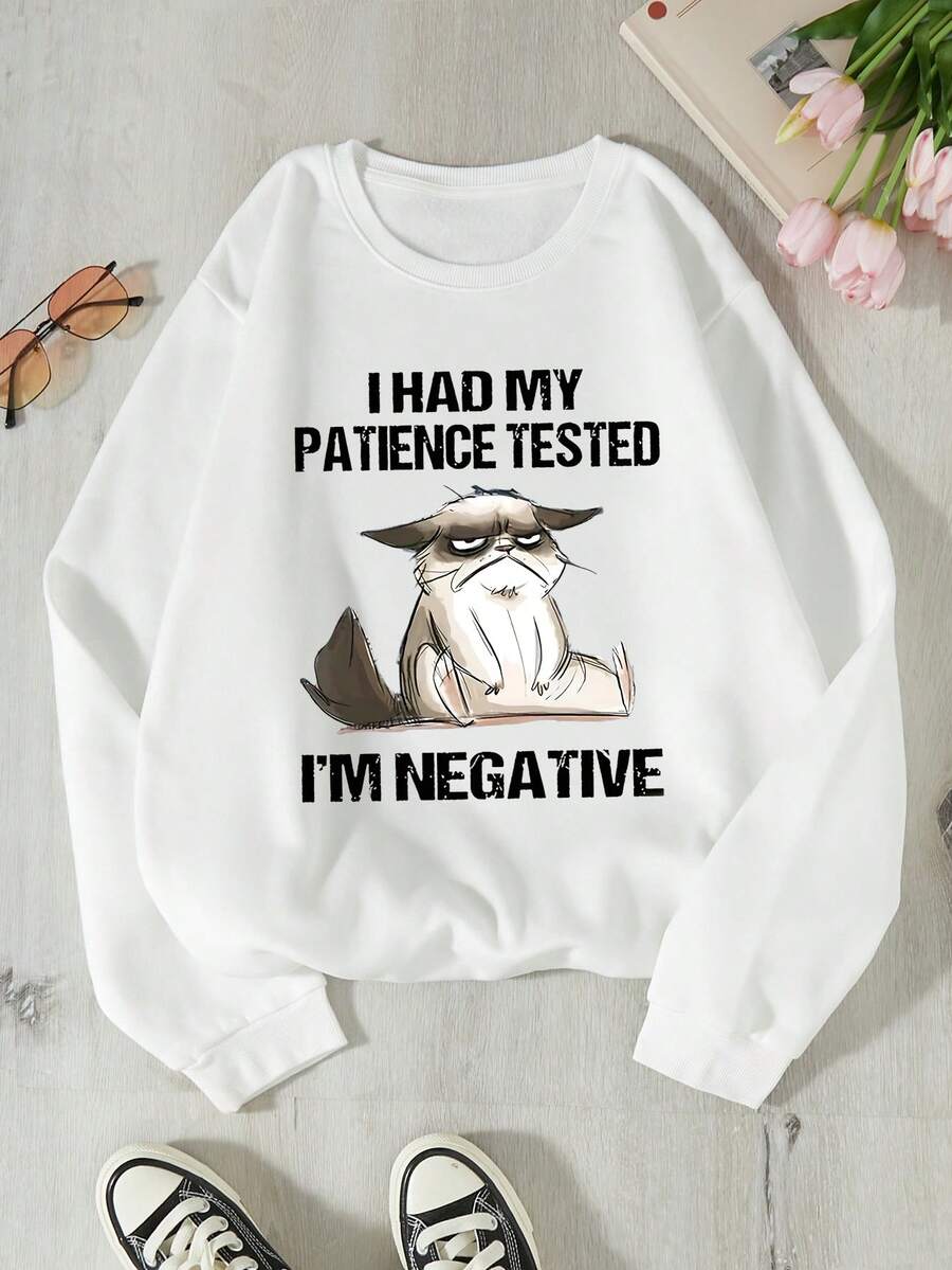 SHEIN EZwear 標語和卡通圖案運動衫 - 白色 - 查看 1