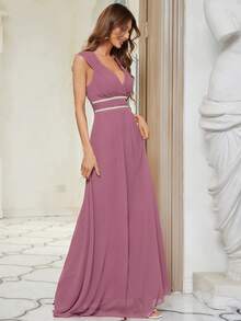 EVERPRETTY Plunging Neck Pearls Beaded Chiffon Bridesmaid Dress - Dusty Pink - View 3