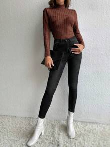 SHEIN Tall Mock Neck Ribbed Knit Tee - Coffee Brown - View 4