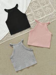 SHEIN 女小童3入組條紋針織掛脖上衣 - 淺灰色 - 查看 2