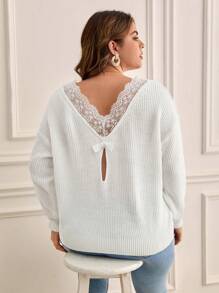 SHEIN Frenchy Hơn Ren tương phản Thả vai Áo len - trắng - Xem 1