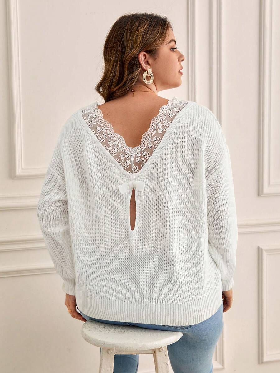 SHEIN Frenchy Hơn Ren tương phản Thả vai Áo len - trắng - Xem 1