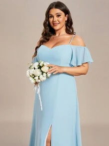EVERPRETTY 优雅浪漫迷人的露肩大码伴娘礼服，适合秋季婚礼宾客 - 淺藍色 - 查看 6