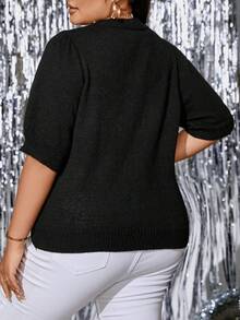 Celure 休閒珠子 水鑽純色大碼針織上衣 - 黑色 - 查看 2