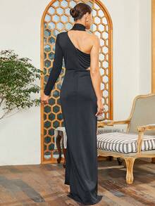 Missord One Shoulder Draped Detail Split Thigh Dress - Black - View 2