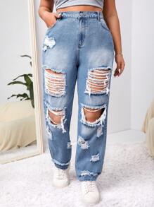 SHEIN ICON Jeans rectos con roturas, modelo novio talla grande