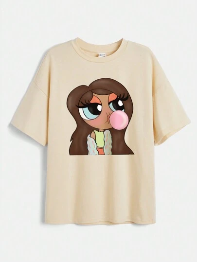 Tay Mills Artist Tween Girl Casual Cartoon Pattern Oversized Short Sleeve T-Shirt, Graphic Tee Suitable For Summer, Cotton, Holiday, Vacation, Spring, Ibiza Fits