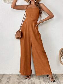SHEIN VCAY Solid Wide Leg Cami Jumpsuit - Rust Brown - View 4